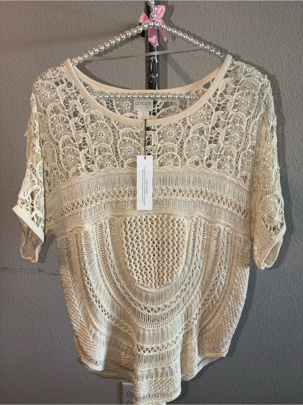 Chico's Cream Crochet Knit Short Sleeve Blouse